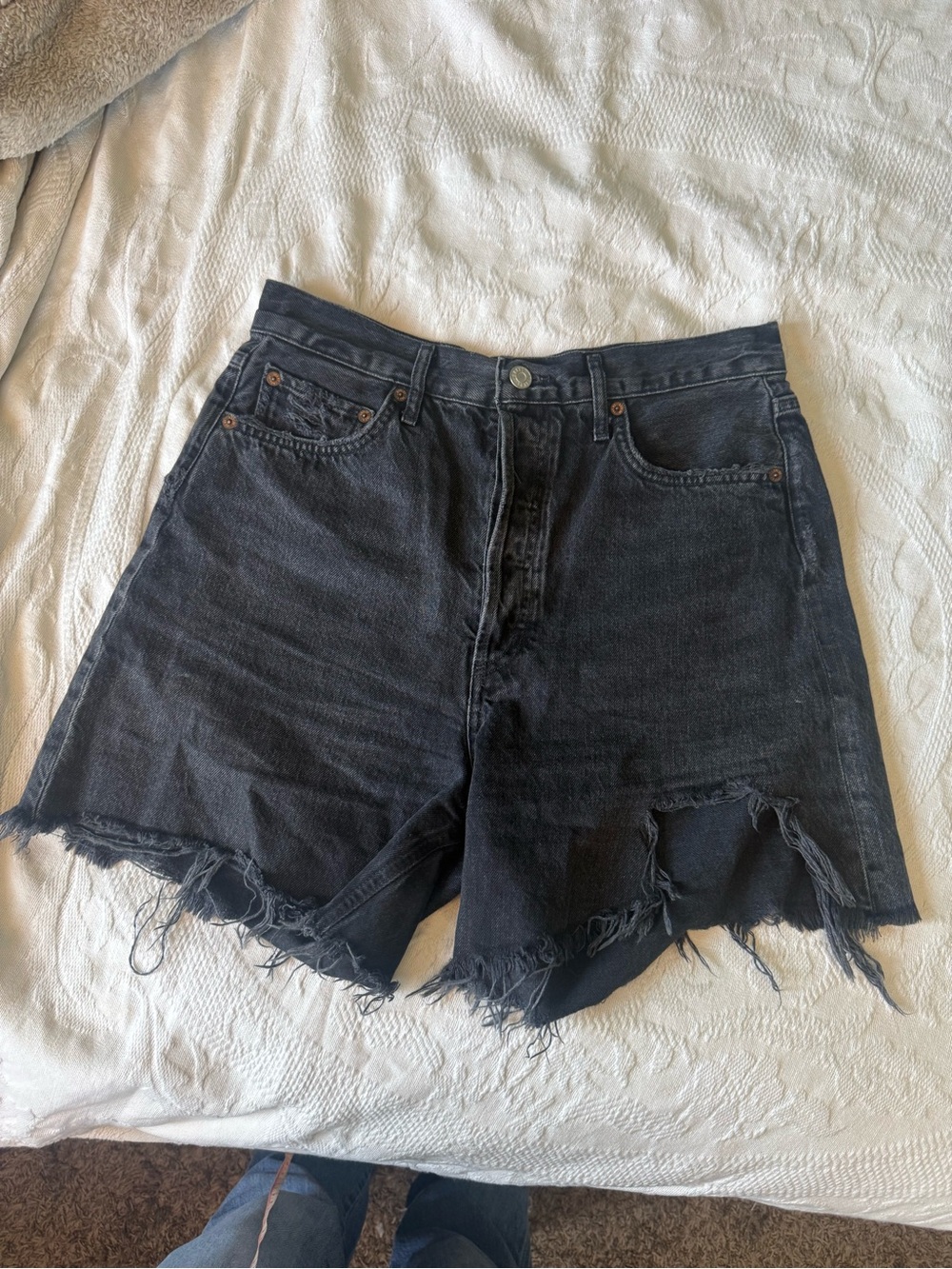 Agolde Black Shorts High Rise waist Distressed Denim Cutoff Button Fly Baggy